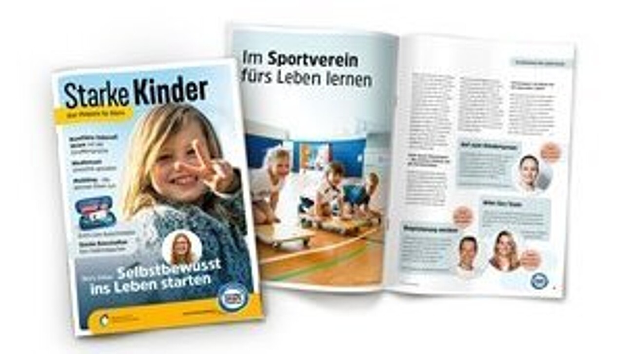 Eine Collage aus dem Cover von „Starke Kinder“ und einer aufgeschlagenen Doppelseite mit der Überschrift „Im Sportverein fürs Leben lernen“