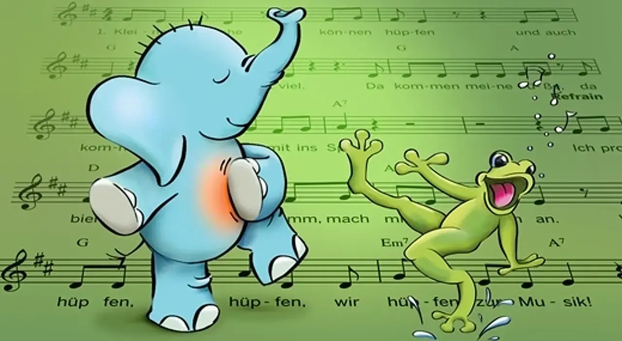 © Ina Kerckhoff Ein Elefant und ein Frosch tanzen auf den Noten eines der starken Mitmach-Lieder.