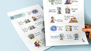 © Illustration Eva Burckhardt. Composing Ina Kerckhoff Bild von zwei Papierbögen mit illustrierten starken Botschaften für Kinder.