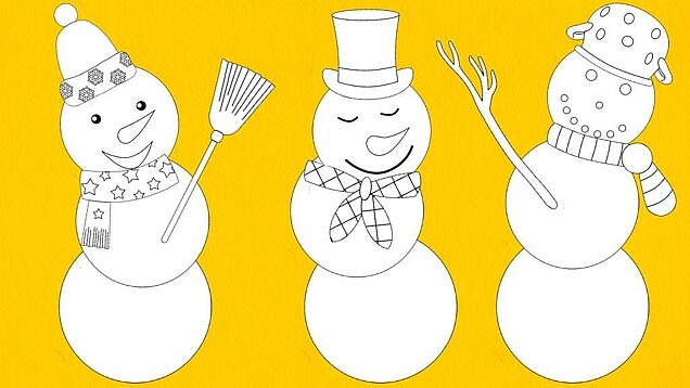 © KiKA Bastelvorlage, auf der drei weiße Schneemänner, bestehend aus drei übereinandergesetzten Papierkreisen, zu sehen sind.