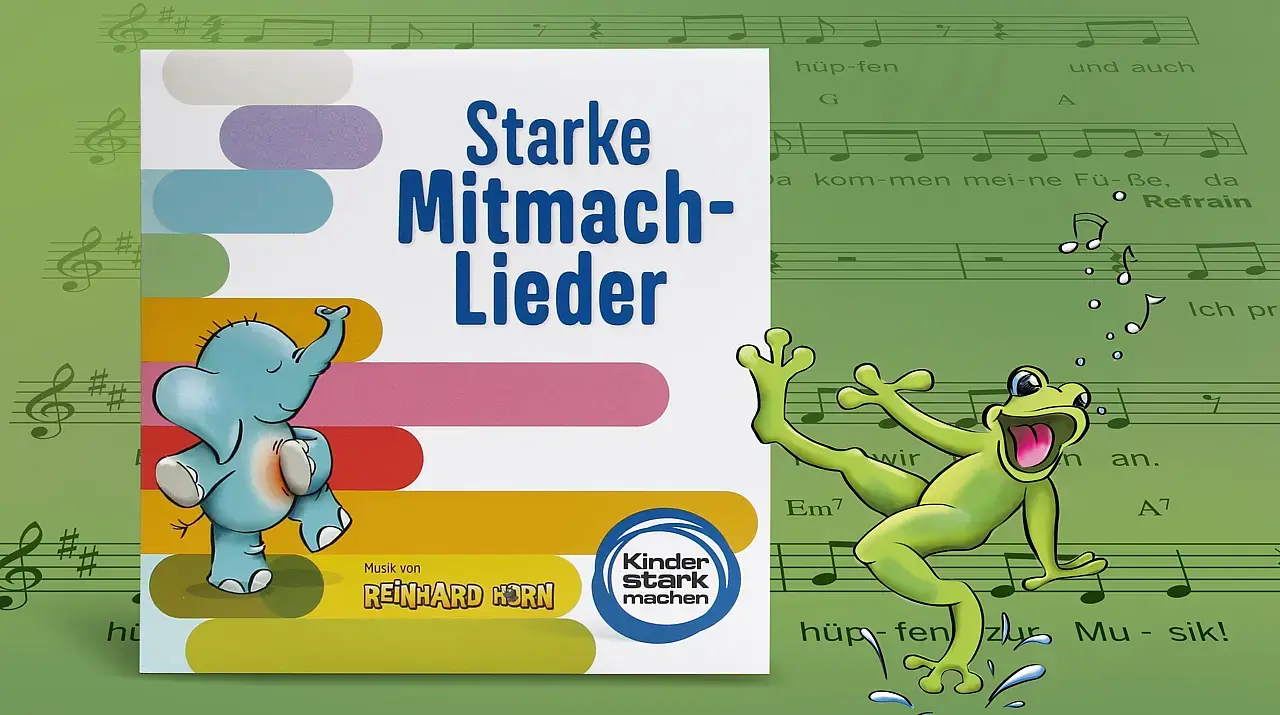 © Ina Kerckhoff Die bunte Illustration zeigt den Schriftzug „Starke Mitmach-Lieder“ mit Logo von Reinhard Horn und „Kinder stark machen“, einem tanzenden Elefanten und Frosch.
