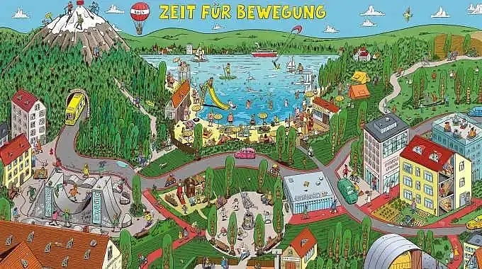 © BZgA Das bunte Wimmelbild zeigt eine Stadt mit vielen Bewegungsmöglichkeiten in Häusern, auf Plätzen, im Park, auf einem Berg und an einem See.