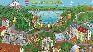 © BZgA Das bunte Wimmelbild zeigt eine Stadt mit vielen Bewegungsmöglichkeiten in Häusern, auf Plätzen, im Park, auf einem Berg und an einem See.