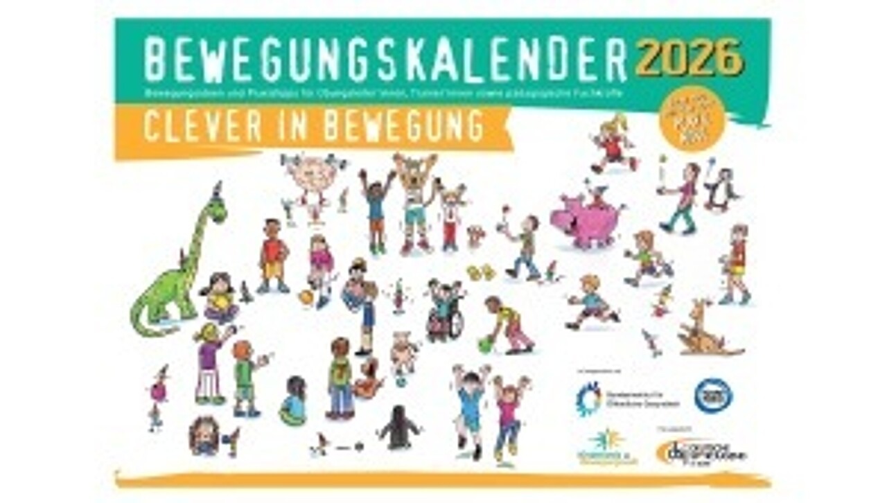 © dsj Das Titelbild des dsj-Bewegungskalenders 2026 „Clever in Bewegung“ zeigt eine Illustration von Kindern in verschiedenen Bewegungsformen.